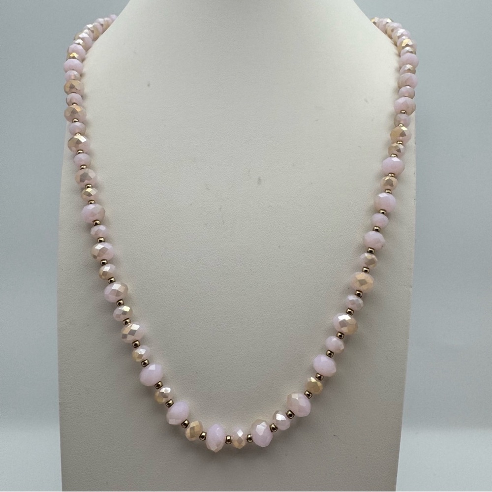 Long Glass Beaded Necklace 32.5–35” Gold Tone Faceted Blush Pink